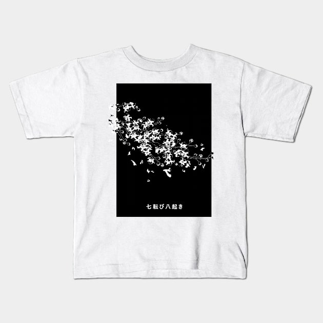 "Fall Down Seven Times, Stand Up Eight" Minimalist Japanese Flower Petals Black and White Streetwear Aesthetic Kids T-Shirt by Neon Bang Bang